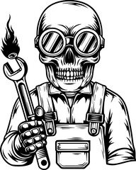 Skull mechanic design in SVG and vector format. Skull Mechanic Holding Wrench with Flames in Black and White