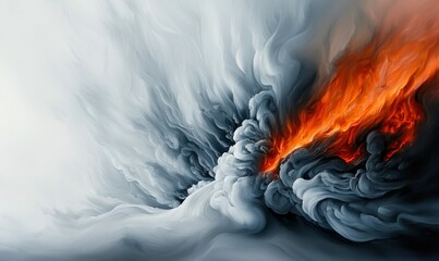 Fototapeta premium Dramatic abstract art featuring a fierce clash of burning fire and swirling grey smoke textures.