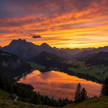 Germany, bavaria, allgaeu, allgaeu alps, lake rappensee at sunset
