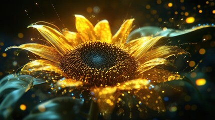 Fototapeta premium Golden Sunflower Glowing, Dark Background, Sparkling Dust, Nature Art