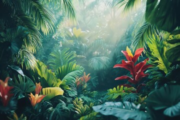 Obraz premium Exploring the Lush Greenery of an Exotic Jungle Teeming With Vibrant Wildlife and Dense Vegetation Under Soft Sunlight
