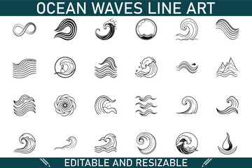 Ocean Waves Line Art Editable, Resizable, Vector Graphics Set