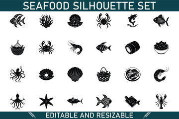 Editable Seafood Silhouettes Fish, Shellfish, and Crustaceans Set