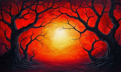 Silhouetted trees stand starkly against a vibrant red and yellow sunset in this dramatic painting.