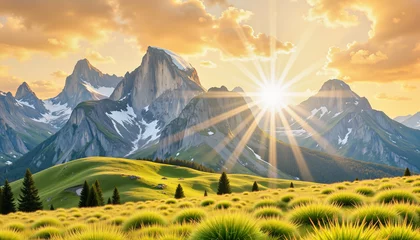 Fotobehang Oranje Textured watercolor mountains at sunrise, serene outdoor landscape  © Inna