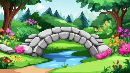 Stone bridge over stream, lush garden, mountain backdrop, children's book illustration