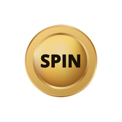 A golden coin features the word spin in bold, black lettering centered on its shiny, round surface.