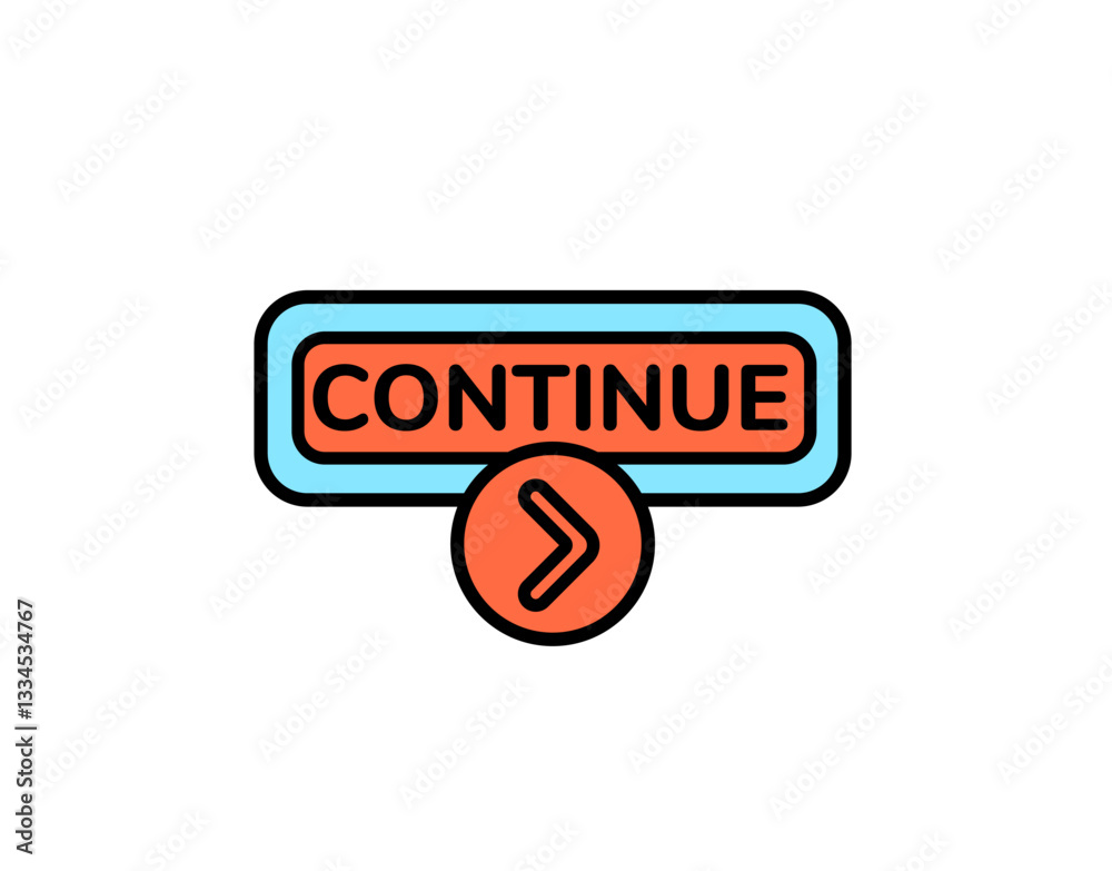 Poster a bright continue button with arrow symbol in simple design for web and app navigation purposes.