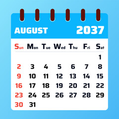 2037 August Calendar Layout. Vector illustration of an August 2037 planner. August 2037 Calendar Template. Flat design. Vector illustration