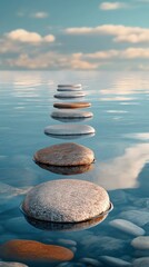 Serene landscape featuring stepping stones across tranquil water under a beautiful sky.