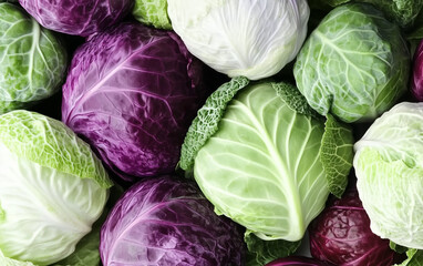 Fototapeta premium Different types of colourful cabbage as background
