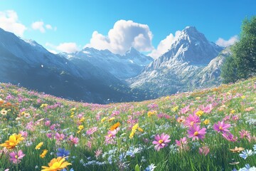 Obraz premium Grazing Deer Enjoy a Tranquil Meadow Filled With Blooming Flowers and a Scenic Landscape Under a Bright Sky With Clouds