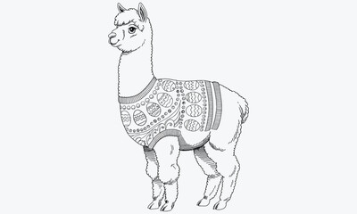 The alpaca is wearing a rough-textured sweater with a pattern of simple decorated Easter eggs