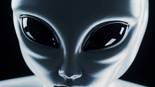 Close-up of an alien face with large black eyes, mysterious and futuristic.