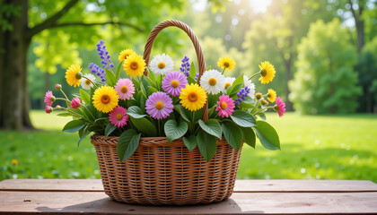 Colorful basket of fresh spring flowers on wooden table, seasonal cheer