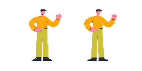 Two pixel art characters wearing yellow shirts and green pants, each raising one hand.