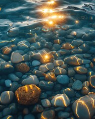 Sunlight reflects over tranquil water revealing colorful pebbles below.