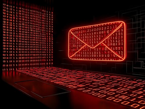 A laptop screen displays a red neon envelope with binary data
