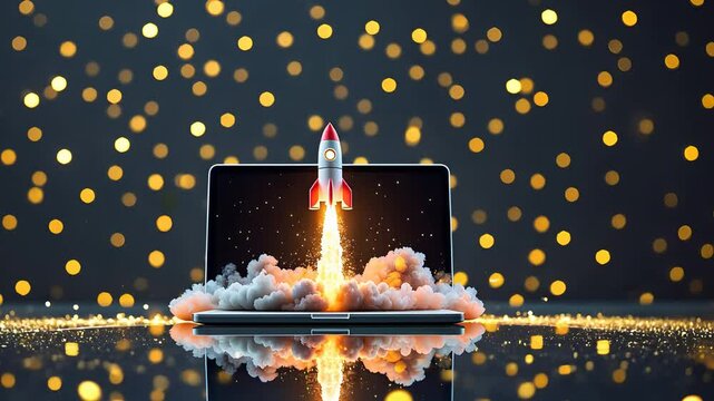 Futuristic Rocket Launching from a Laptop Screen with Fiery Smoke and Glowing Bokeh Lights in a Creative Digital Concept

