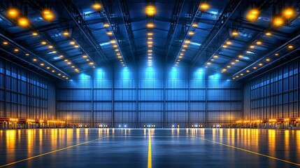 Large empty industrial hangar at night.