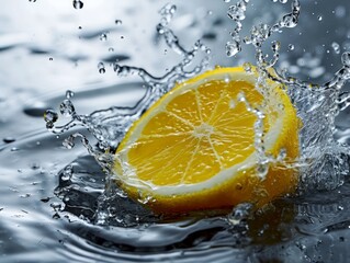 Lemon fruit slice with water splash showcasing energizing, pure, minimalistic, clean image