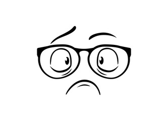 Black line art illustration of a face with glasses showing a worried expression on a clear background.
