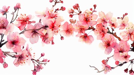 Fototapeta premium Delicate Watercolor Cherry Blossom Branches with Pink Petals and Buds Arranged in a Symmetrical Composition, Isolated on White