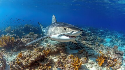 Fototapeta premium Great white shark in coral reef underwater scene