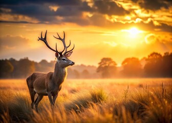 Majestic Deer Grazing in Golden Sunset Field - Peaceful Nature Scene