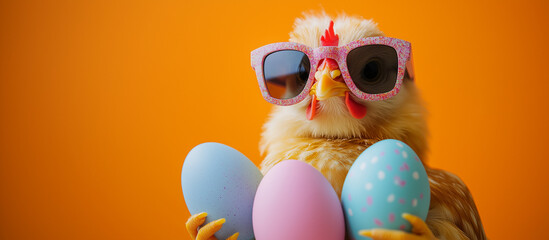 Fototapeta premium Stylish Easter Chicken with Sunglasses Holding Pastel Eggs on orange background, banner with copy space