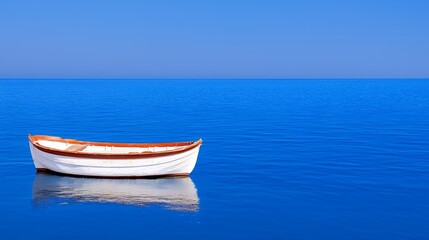 Naklejka premium Small White Rowboat on Calm Blue Ocean Under Clear Sky