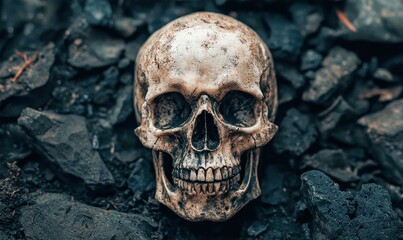 An aged human skull lies on a bed of dark rocks, symbolizing mortality and the cycle of life.