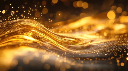 Fototapeta premium Golden liquid swirls with glittering particles, bokeh background. Ideal for luxury, wealth, or success themes, adds elegance and sophistication.