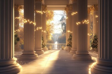 Serene Winter Solstice Sunlit Colonnade with Festive Lights
