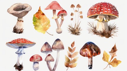 Delicate watercolor illustration of various autumnal mushrooms and colorful fall leaves, rendered with soft textures and fine details on clean background