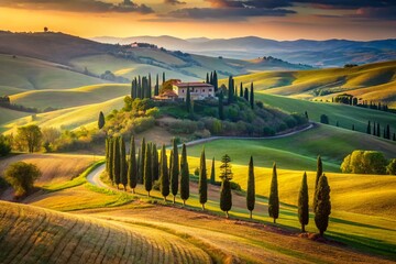 Naklejka premium Majestic Italian Landscape: Rolling Hills, Cypress Trees, and Tuscan Sunlight