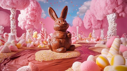 A giant chocolate Easter bunny in a candy land, surrounded by rivers of melted chocolate and marshmallow trees