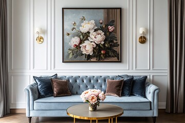 Elegant luxury living room with blue sectional sofa, classic wall paneling, gold accents, and modern decor in a sophisticated interior design
