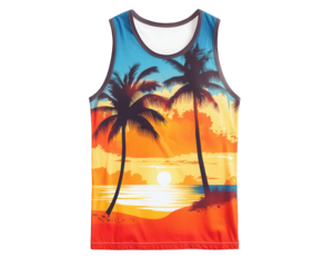 vibrant men tank top featuring beach sunset design with palm trees, perfect for summer wear. relaxed fit and colorful print make it ideal for casual outings