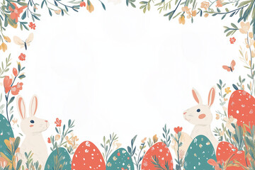 Easter Template Featuring Bunnies and Decorated Eggs on Pastel Background – Ideal for Banner, Menu, or Postcard with Copy Space