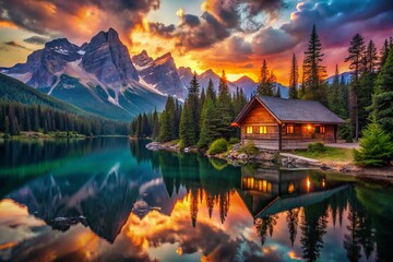 Fototapeta premium Majestic Sunset Over Mountain Lake & Cabin - Serene Nature Landscape Photography