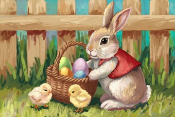A cute easter card illustration with a bunny, chicks, and eggs