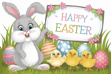 A cute easter card illustration with a bunny, chicks, and eggs