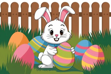A cute easter card illustration with a bunny, chicks, and eggs