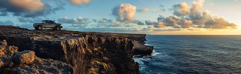 Offroad SUV parked on coastal cliff at sunset, scenic ocean view, rugged 4x4 vehicle, travel exploration, adventure road trip