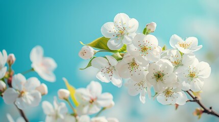 Fototapeta premium Delicate white cherry blossoms in full bloom, showcasing the beauty of springtime against a clear blue sky, creating a serene and peaceful nature scene