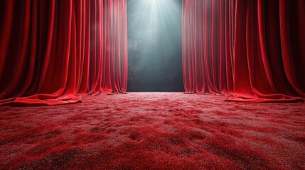 Red Velvet Stage Curtains with Glittering Floor and Spotlight Effect