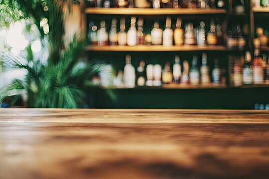 Empty wooden bar top with blurred background of a well-stocked liquor cabinet and tropical plants