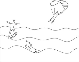 Coloring page with sea and marine activities: parasailing, surfing, swimming. Different types of seaside activities in flat style