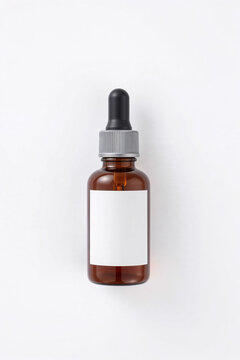 Dropper bottle with Mandelic acid. Brown glass container with blank white sticker for text, rubber bulb and glass pipette for oil or serum